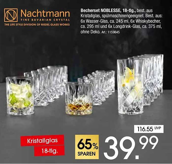 Becherset NOBLESSE, 18-tlg., best. aus Kristallglas, spülmaschinengeeignet. Best. aus: 6x Wasser-Glas, ca. 245 ml, 6x Whiskybecher, ca. 295 ml und 6x Longdrink-Glas, ca. 375 ml, ohne Deko. Art.: 1159645