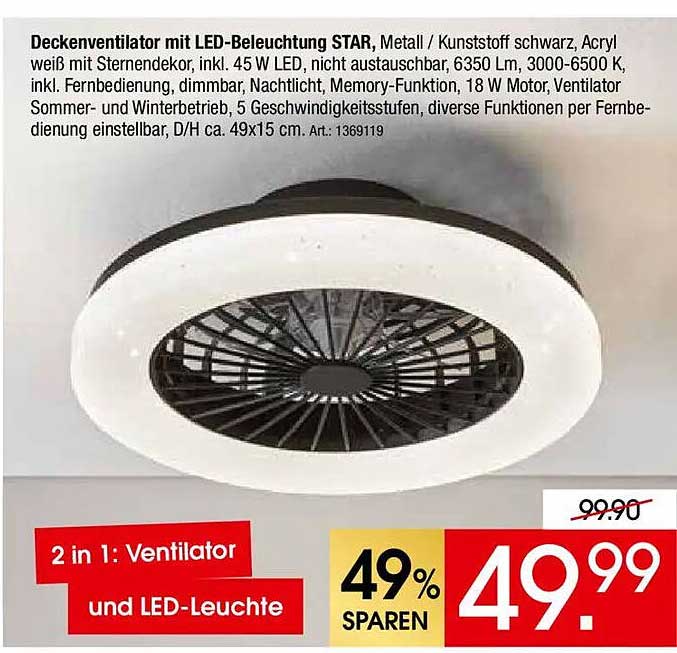 Deckenventilator mit LED-Beleuchtung STAR, Metall / Kunststoff schwarz, Acryl weiß mit Sterndekor, inkl. 45 W LED, nicht austauschbar, 6350 Lm, 3000-6500 K, inkl. Fernbedienung, dimmbar, Nachtlicht, Memory-Funktion, 18 W Motor, Ventilator Sommer- und Wint