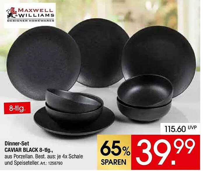 Dinner-Set CAVIAR BLACK 8-tlg., aus Porzellan. Best. aus: je 4x Schale und Speiseteller.