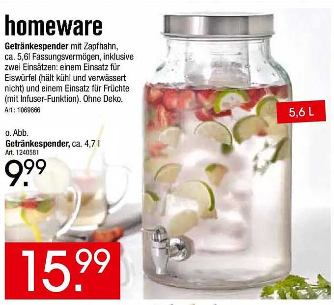 Getränkespender mit Zapfhahn, ca. 5,6 l Fassungsvermögen, inklusive zwei Einsätzen: einem Einsatz für Eiswürfel (hält kühl und verwässert nicht) und einem Einsatz für Früchte (mit Infuser-Funktion). Ohne Deko.