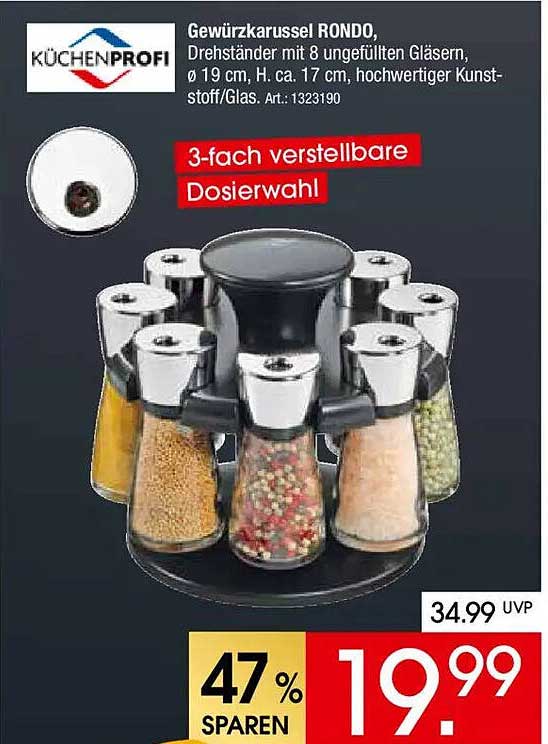 Gewürzkarussell RONDO, Drehständer mit 8 ungefüllten Gläsern, Ø 19 cm, H. ca. 17 cm, hochwertiger Kunststoff/Glas, Art.: 1323190