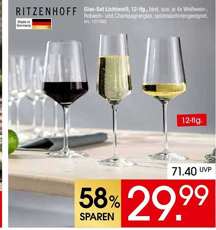 Glas-Set Lichtweiß, 12-tlg., best. aus: je 4x Weißwein-, Rotwein- und Champagnerglas, spülmaschinengeeignet.