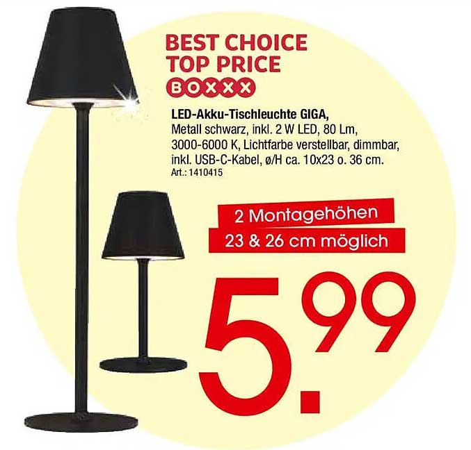 LED-Akku-Tischleuchte GIGA, Metall schwarz, inkl. 2 W LED, 80 lm, 3000-6000 K, Lichtfarbe verstellbar, dimmbar, inkl. USB-C-Kabel, ø/H ca. 10x23 o. 36 cm. Art.: 1410415