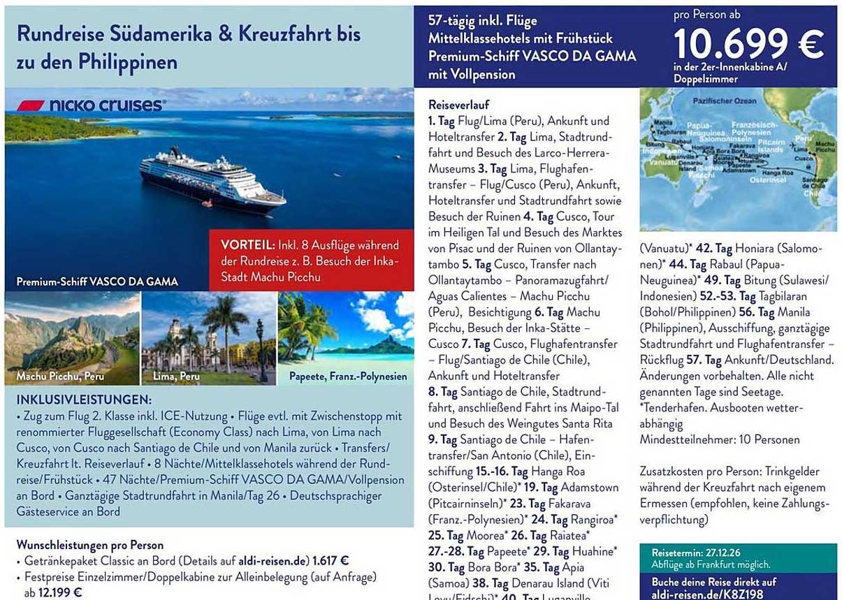 Rundreise Südamerika & Kreuzfahrt bis zu den Philippinen