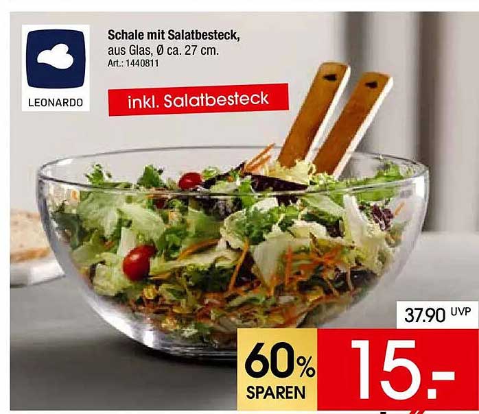 Schale mit Salatbesteck, aus Glas, Ø ca. 27 cm.