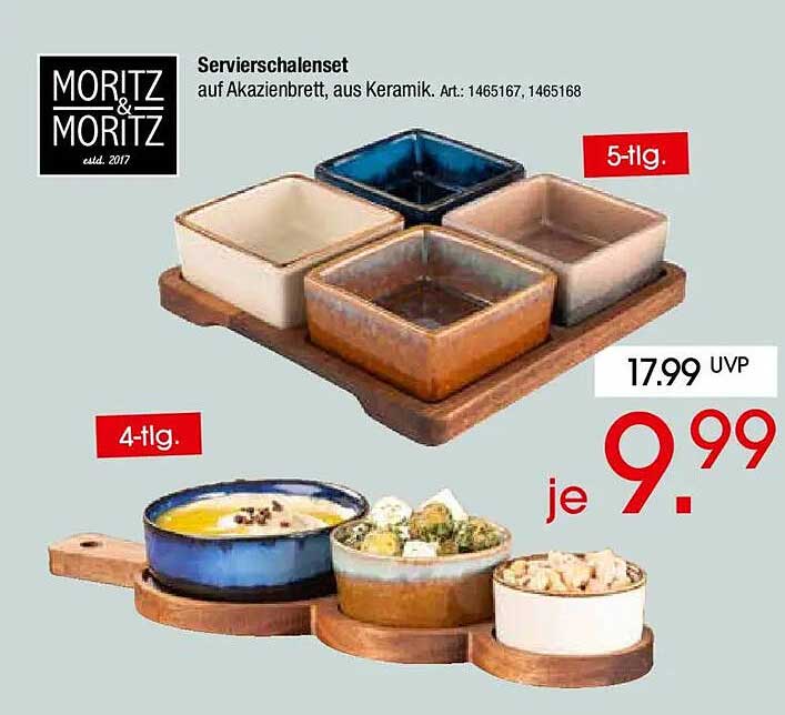 Servierschalenset auf Akazienbrett, aus Keramik. Art.: 1465167, 1465168