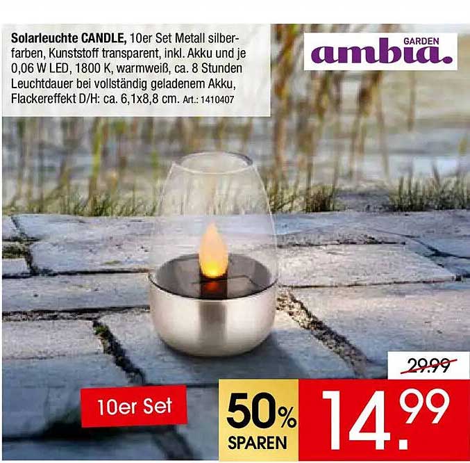 Solarleuchte CANDLE, 10er Set Metall silberfarben, Kunststoff transparent, inkl. Akku und je 0,06 W LED, 1800 K, warmweiß, ca. 8 Stunden Leuchtdauer bei vollständig geladenem Akku, Flackereffekt D/H: ca. 6,1x8,8 cm. Art.: 1410407