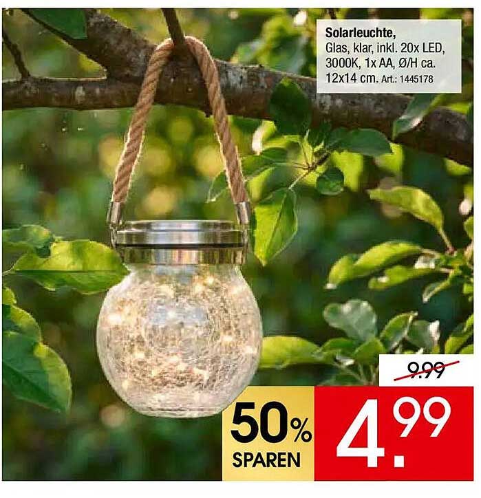 Solarleuchte, Glas, klar, inkl. 20x LED, 3000K, 1x AA, Ø/H ca. 12x14 cm. Art. 1445178