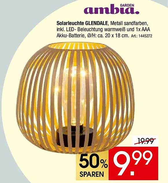 Solarleuchte GLENDALE, Metall sandfarben, inkl. LED- Beleuchtung warmweiß und 1x AAA Akku-Batterie, Ø/H: ca. 20 x 18 cm. Art.: 1445272