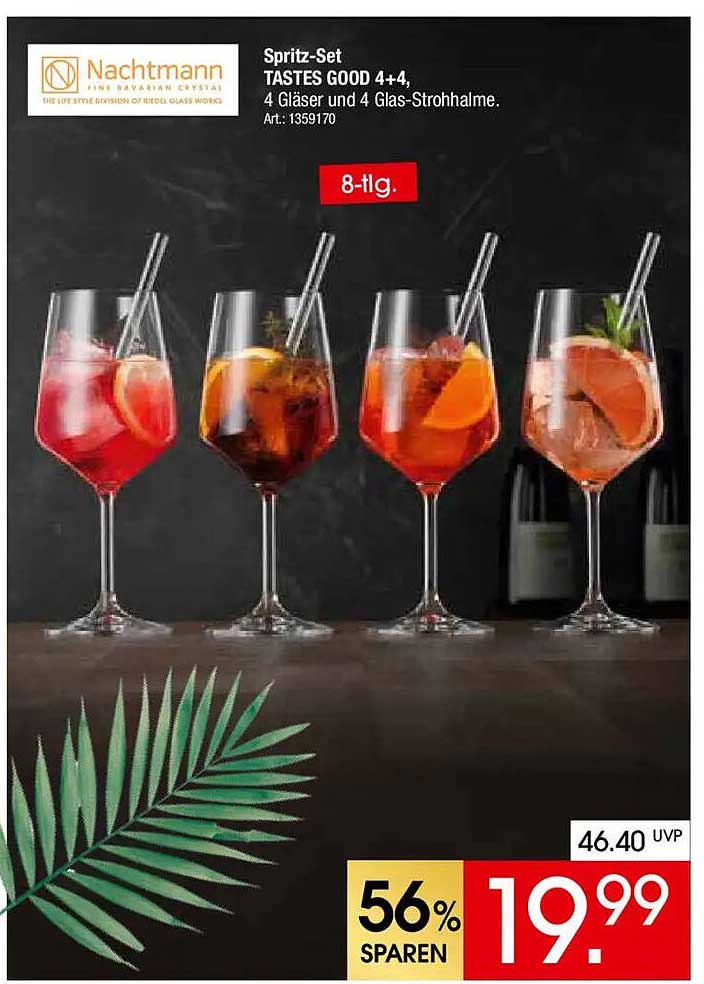 Spritz-Set TASTES GOOD 4+4, 4 Gläser und 4 Glas-Strohhalme.