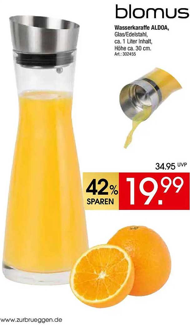 Wasserkaraffe ALDOA, Glas/Edelstahl, ca. 1 Liter Inhalt, Höhe ca. 30 cm.