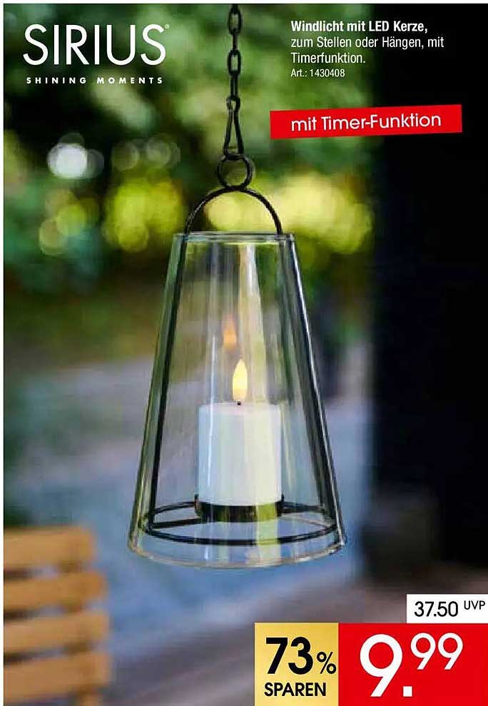 Windlicht mit LED Kerze, zum Stellen oder Hängen, mit Timerfunktion.