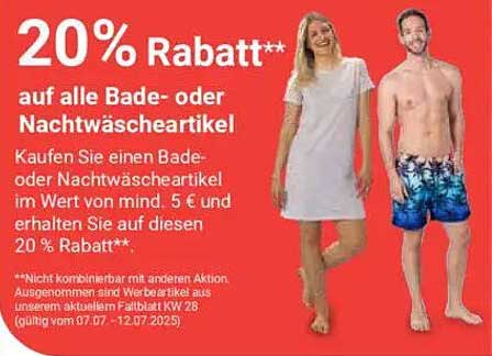 20% Rabatt auf alle Bade- oder Nachtwäscheartikel