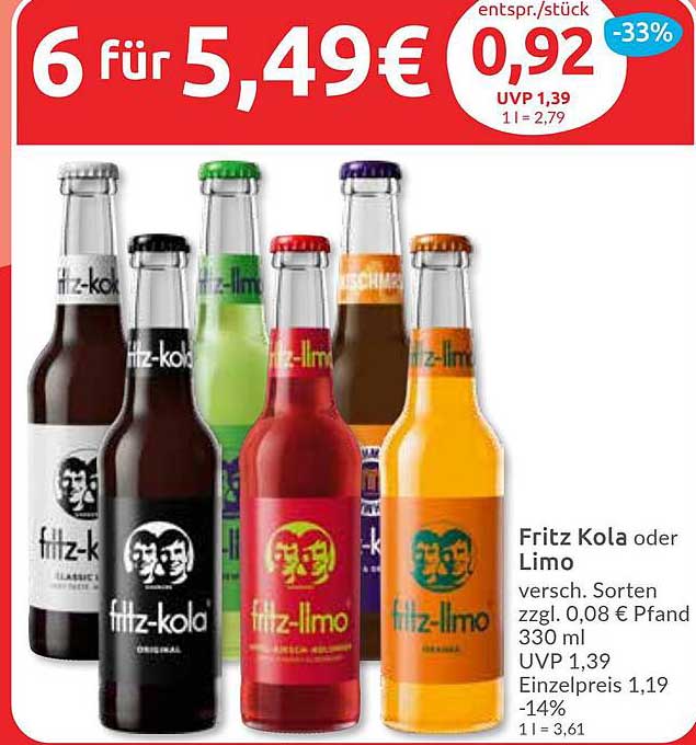 6 für 5,49€ - Fritz Kola oder Limo