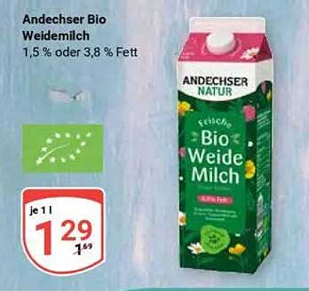 Andechser Bio Weidemilch 1,5 % oder 3,8 % Fett