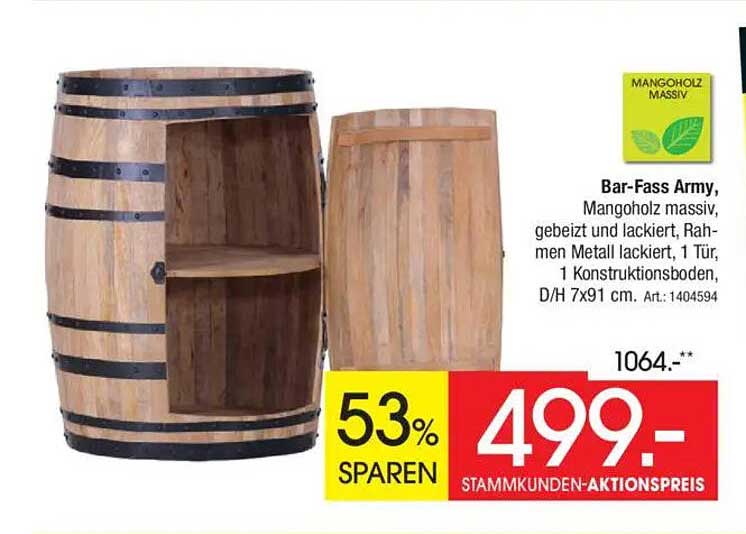 Bar-Fass Army, Mangoholz massiv, geölt und lackiert