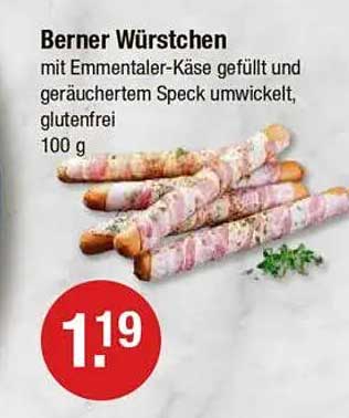 Berner Würstchen mit Emmentaler-Käse gefüllt und geräuchertem Speck umwickelt, glutenfrei