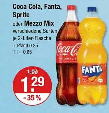 Coca Cola, Fanta, Sprite oder Mezzo Mix 2-Liter-Flasche