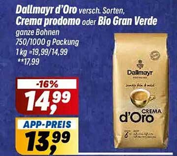 Dallmayr d'Oro Crema prodomo oder Bio Gran Verde – ganze Bohnen