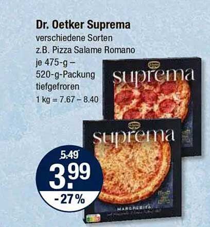 Dr. Oetker Suprema verschiedene Sorten z.B. Pizza Salame Romano 475-g – 520-g-Packung tiefgefroren