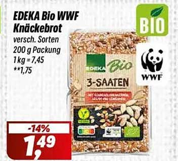EDEKA Bio WWF Knäcke-Brot 3-Saaten 200 g Packung