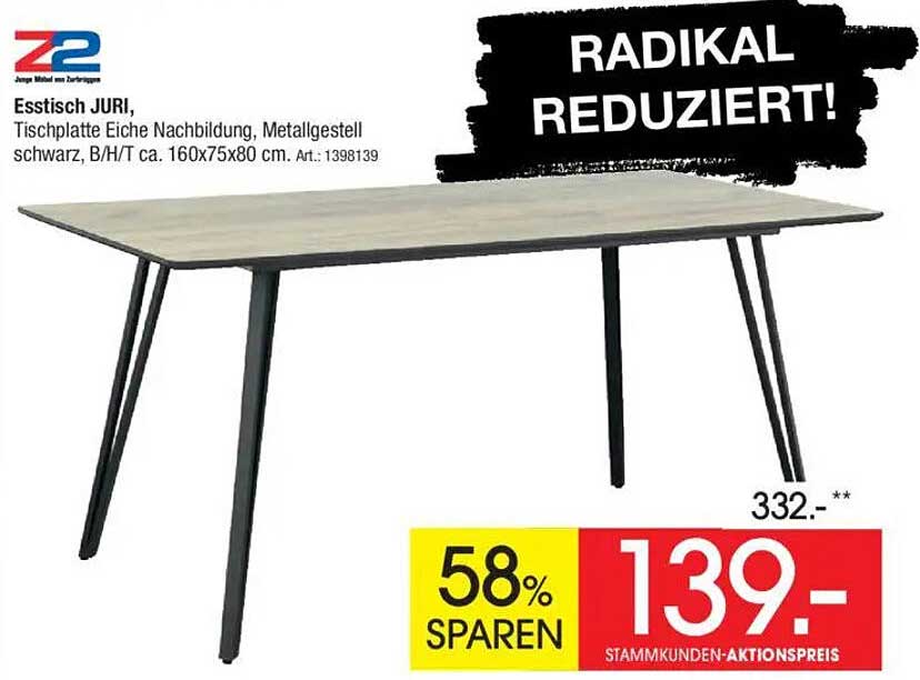 Esstisch JURI, Tischplatte Eiche Nachbildung, Metallgestell schwarz, B/H/T ca. 160x75x80 cm.