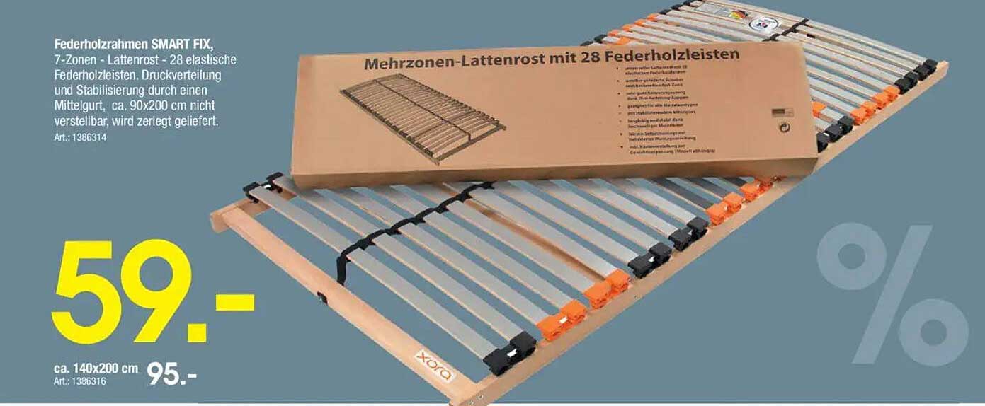 Federholzrahmen SMART FIX, 7-Zonen - Lattenrost mit 28 elastischen Federholzleisten