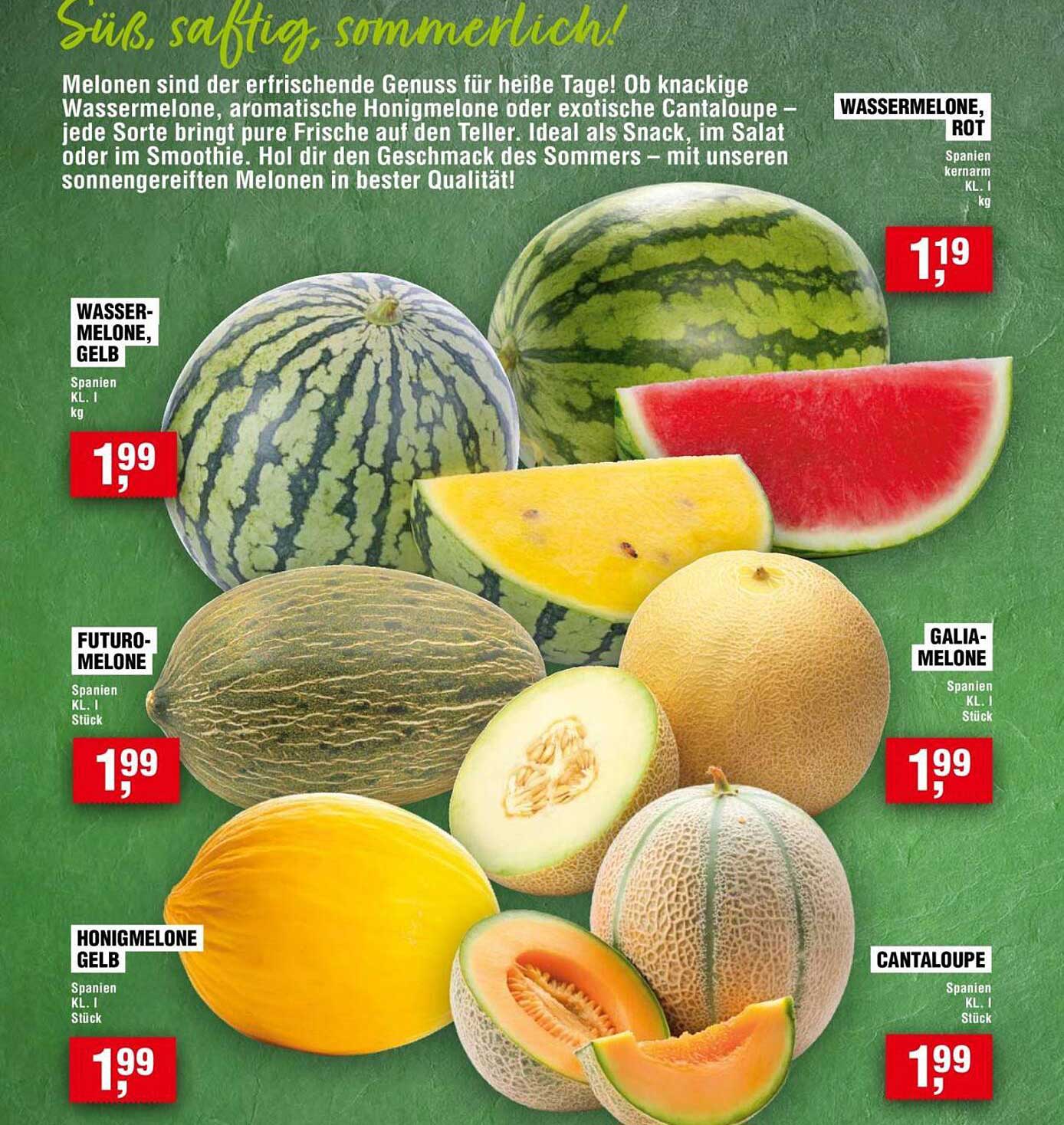 Frische Melonen für heiße Tage - Wassermelone, Honigmelone, Galia-Melone und Cantaloupe