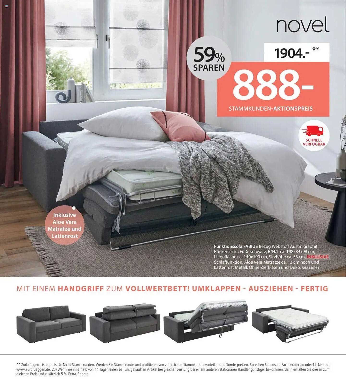 Funktionals Sofa FABIUS Webstoff Austin graphite inkl. Aloe Vera Matratze und Lattenrost