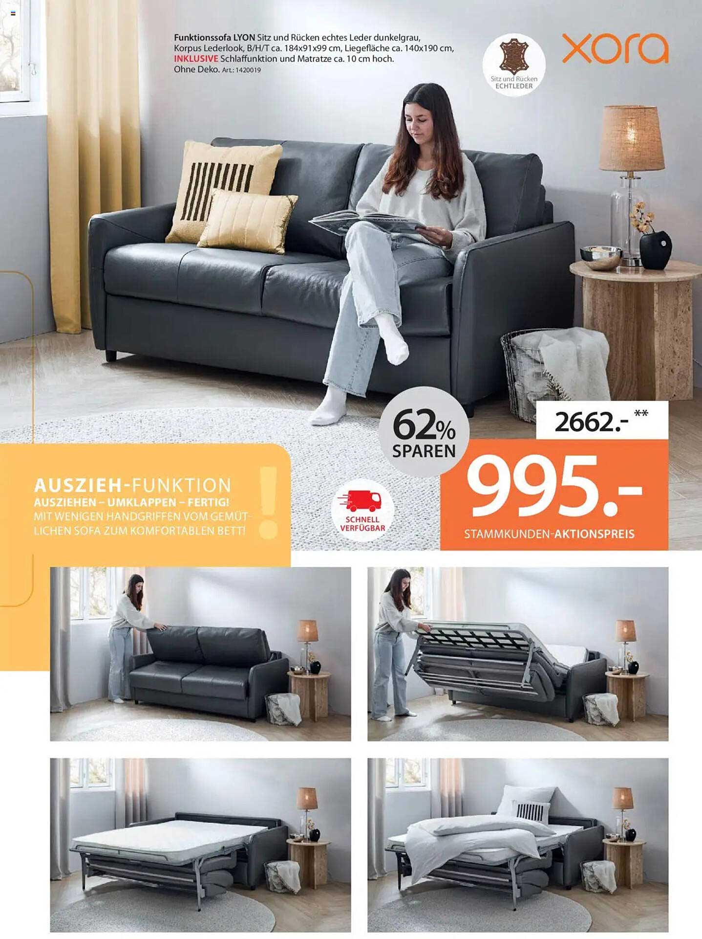 Funktionsofa LYON - echtes Leder in Dunkelgrau