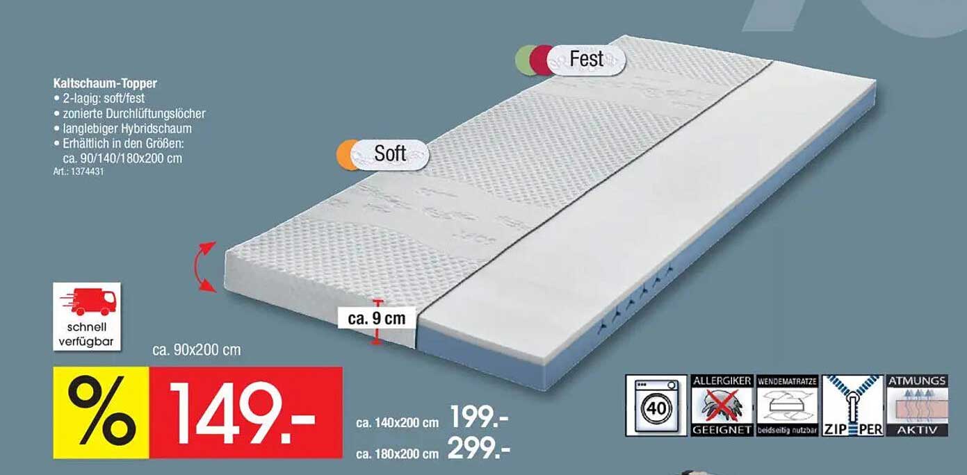 Kaltschaum-Topper 90/140/180x200 cm - 2-lagig, weich und fest