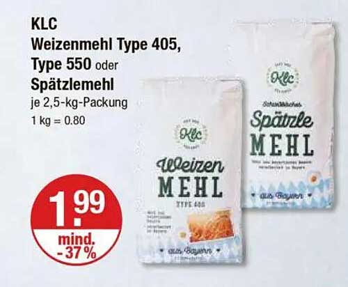 KLC Weizenmehl Type 405 oder Spätzlemehl 2,5 kg - nur 1,99 €
