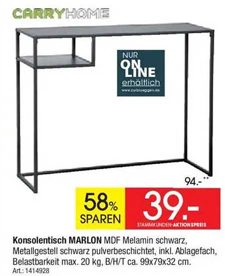 Konsolentisch MARLON MDF Melamin schwarz, Metallgestell schwarz pulverbeschichtet