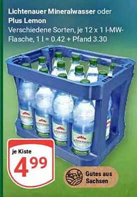 Lichtenauer Mineralwasser oder Plus Lemon – 12 x 1 l