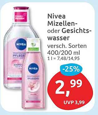 Nivea Mizellen- oder Gesichtswasser 400/200 ml - 25% Rabatt!