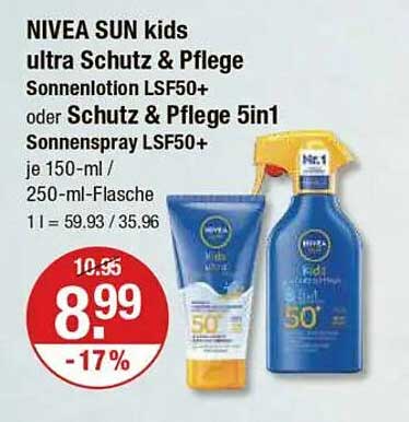 NIVEA SUN kids ultra Schutz & Pflege Sonnenlotion LSF50+ oder Schutz & Pflege 5in1 Sonnenspray LSF50+