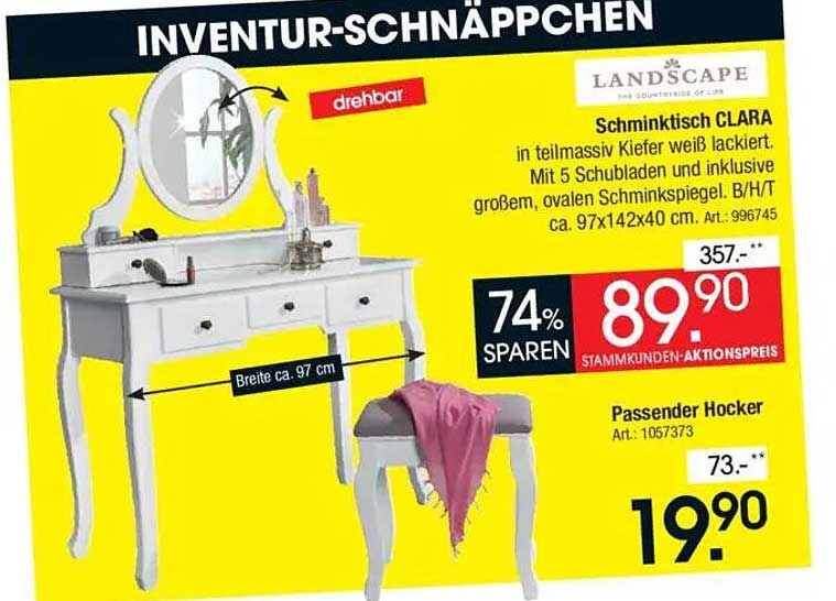 Schminktisch CLARA in teilmassiv Kiefer weiß lackiert
