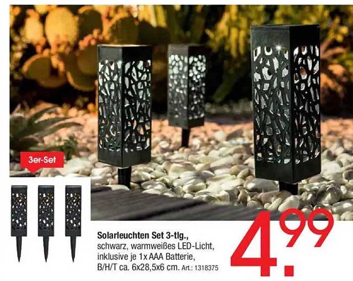 Solarleuchten Set 3-tlg., schwarz, warmweißes LED-Licht