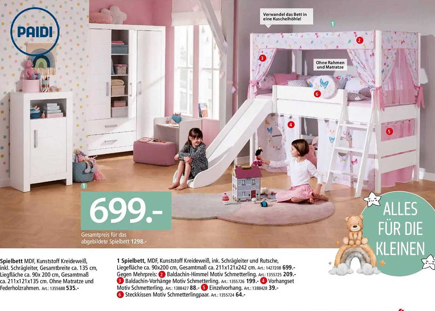 Spielbett MDF, Kunststoff Kreideweiß, inkl. Schrägeleiter und Rutsche