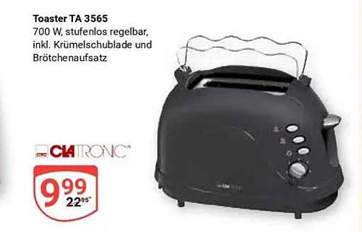 Toaster TA 3565 von C1 TRONIC - 700 W, stufenlos regelbar, inkl. Krümelschublade und Brötchenaufsatz