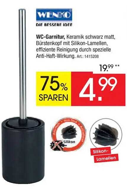 WC-Garnitur, Keramik schwarz matt, Bürstenkopf mit Silikon-Lamellen, effiziente Reinigung durch spezielle Anti-Haft-Wirkung.