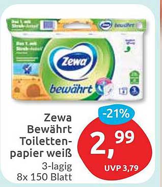 Zewa Bewährt Toilettenpapier weiß 3-lagig 8x 150 Blatt