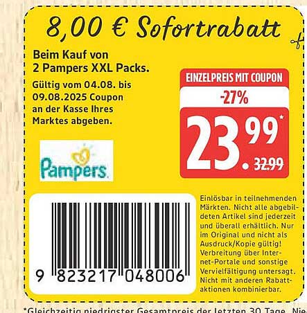 8,00 € Sofortrabatt auf 2 Pampers XXL Packs