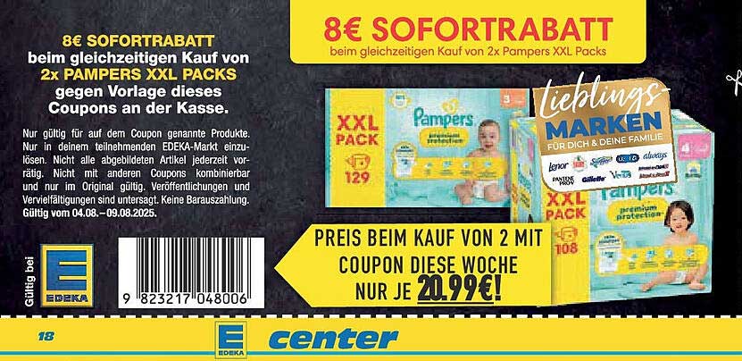8€ Sofortrabatt beim Kauf von 2x Pampers XXL Packs