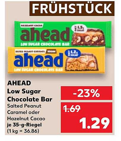 AHEAD Low Sugar Chocolate Bar - Salted Peanut Caramel oder Hazelnut Cacao