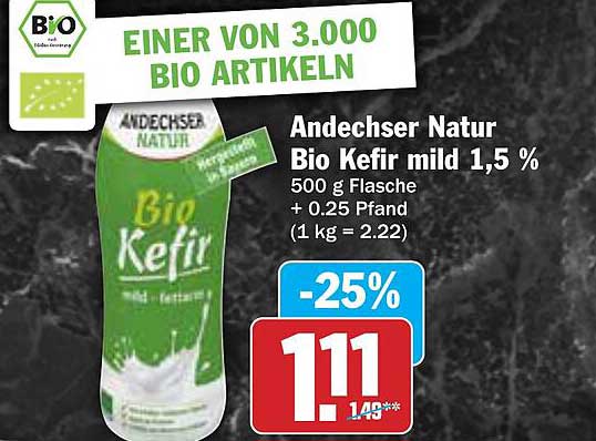 Andechser Natur Bio Kefir mild 1,5 % (500 g Flasche)
