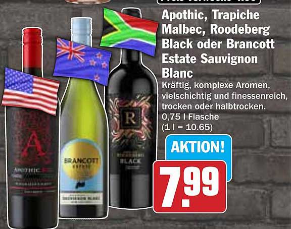 Apothic, Trapiche Malbec, Roodeberg Black oder Brancott Estate Sauvignon Blanc - 0,75 l Flasche
