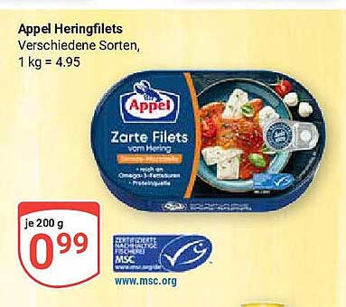 Appel Heringfilets verschiedene Sorten, 200 g für nur 0,99 €