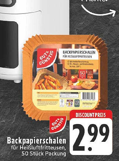 Backpapierschalen für Heißluftfritteusen, 50 Stück Packung