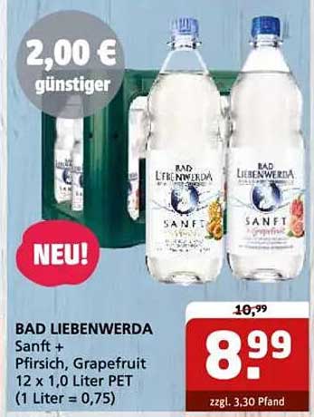 BAD LIEBENWERDA Sanft + Pfirsich, Grapefruit 12 x 1,0 Liter PET